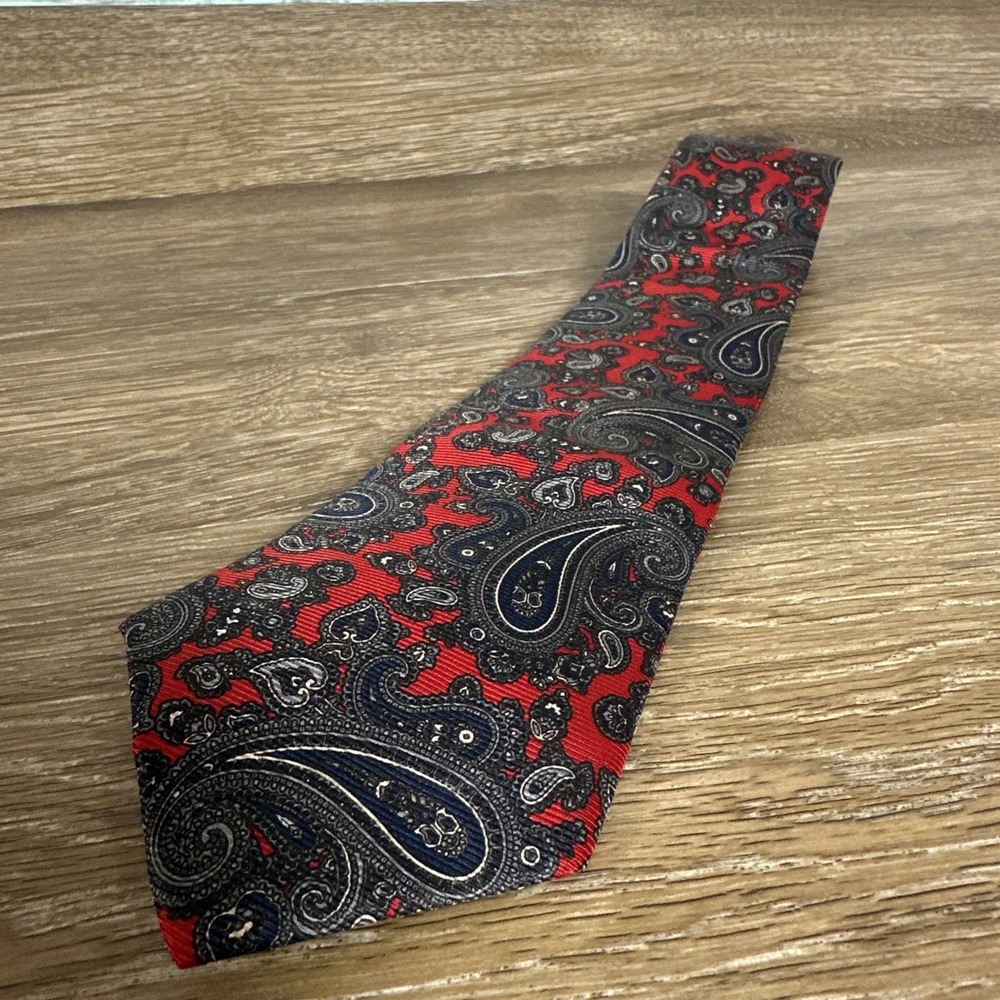Bert Pulitzer Collection Silk Tie Red Navy Paisley Foulard Hand Printed
